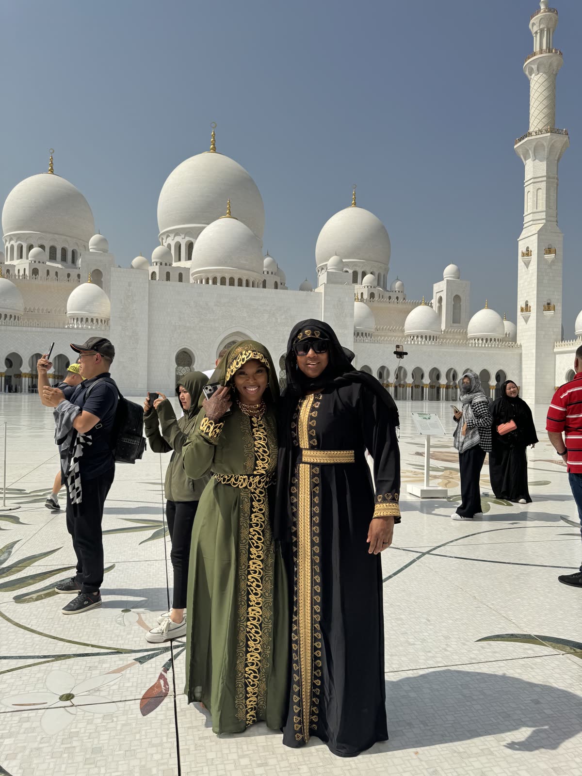 Terica and Brandy visiting the Sheikh Zayed Grand Mosque